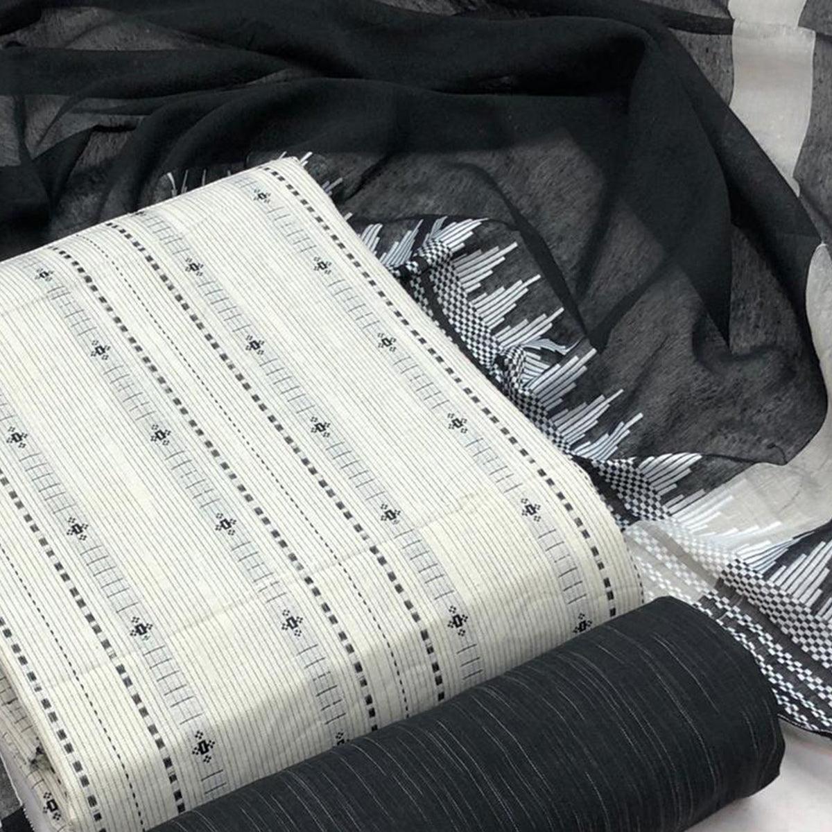 Off-White Printed Pure Cotton Dress Material - Peachmode