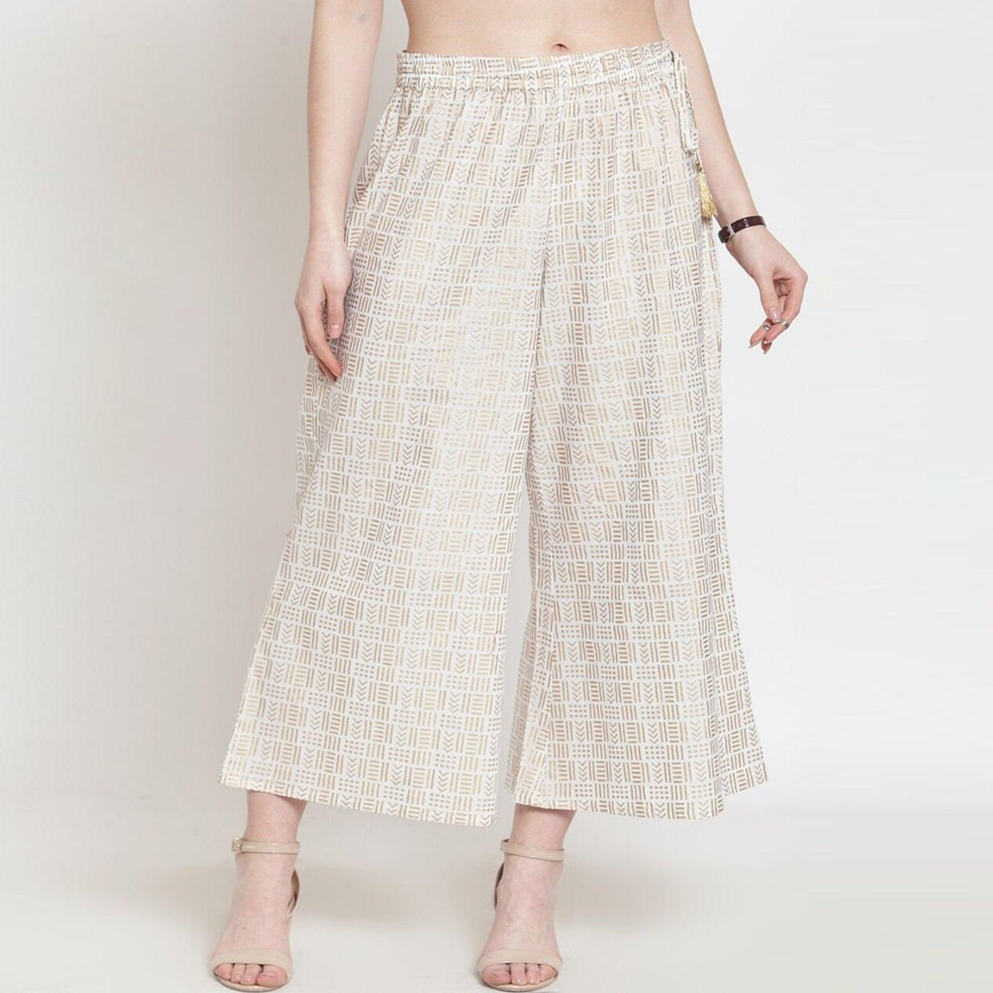Off-White Printed Pure Cotton Palazzo - Peachmode