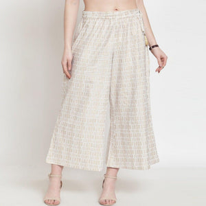 Off-White Printed Pure Cotton Palazzo - Peachmode