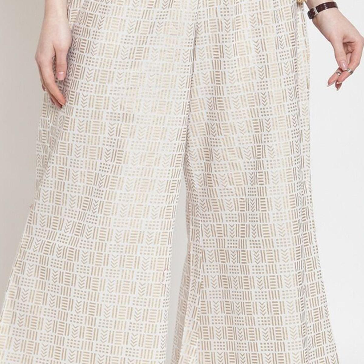 Off-White Printed Pure Cotton Palazzo - Peachmode