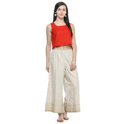 Off White Printed Pure Cotton Palazzo - Peachmode