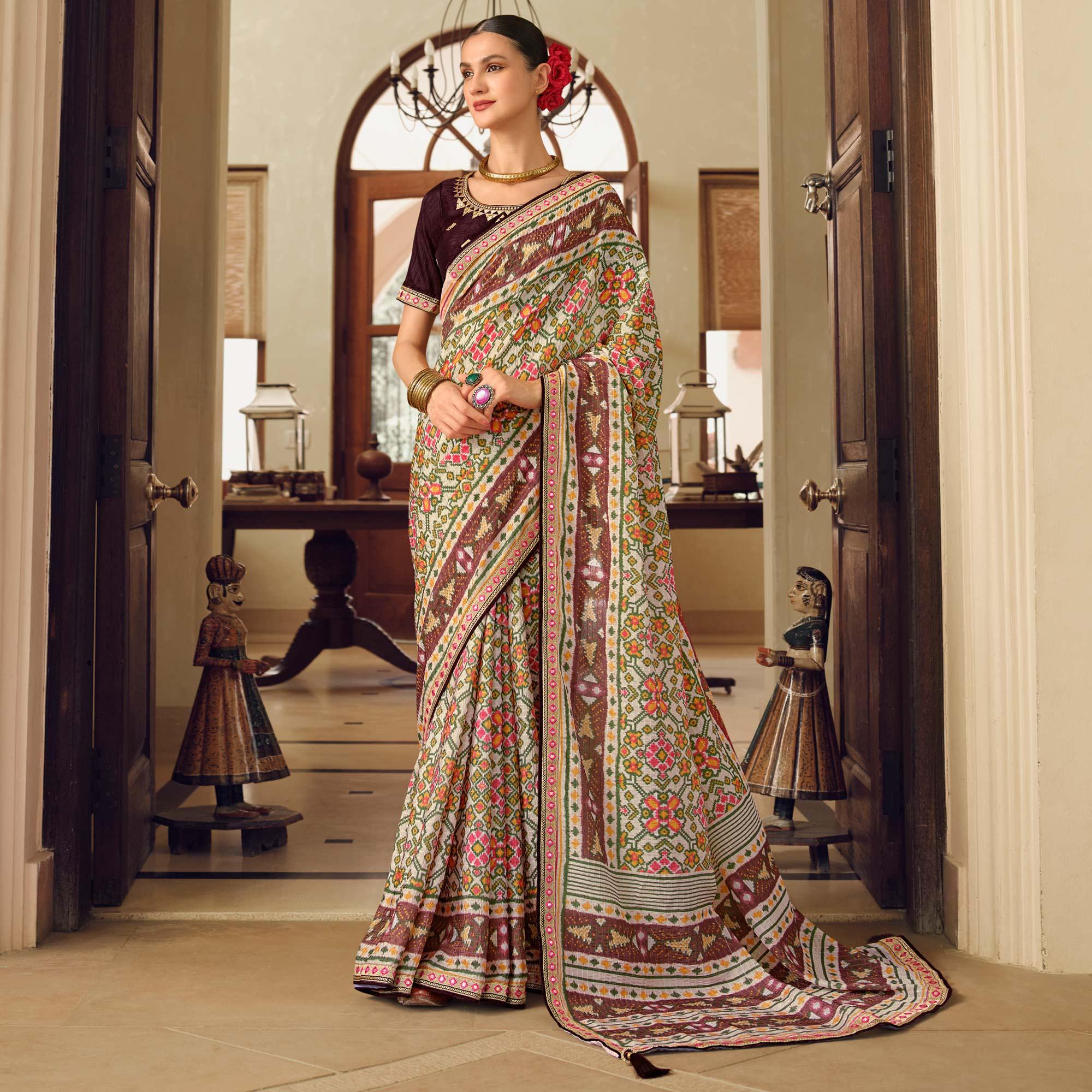Off-White Printed With Embellished Chiffon Saree With Tassels - Peachmode