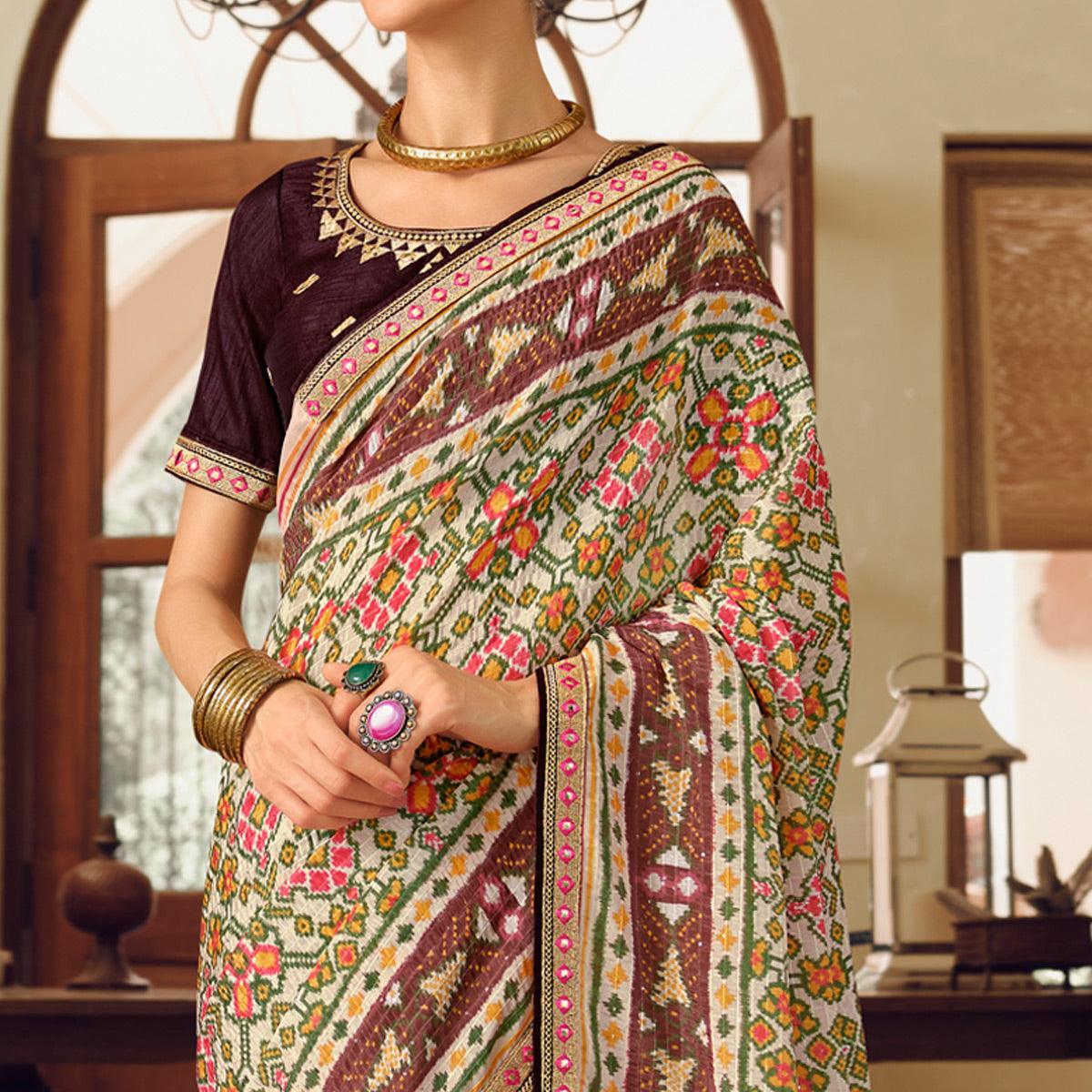 Off-White Printed With Embellished Chiffon Saree With Tassels - Peachmode