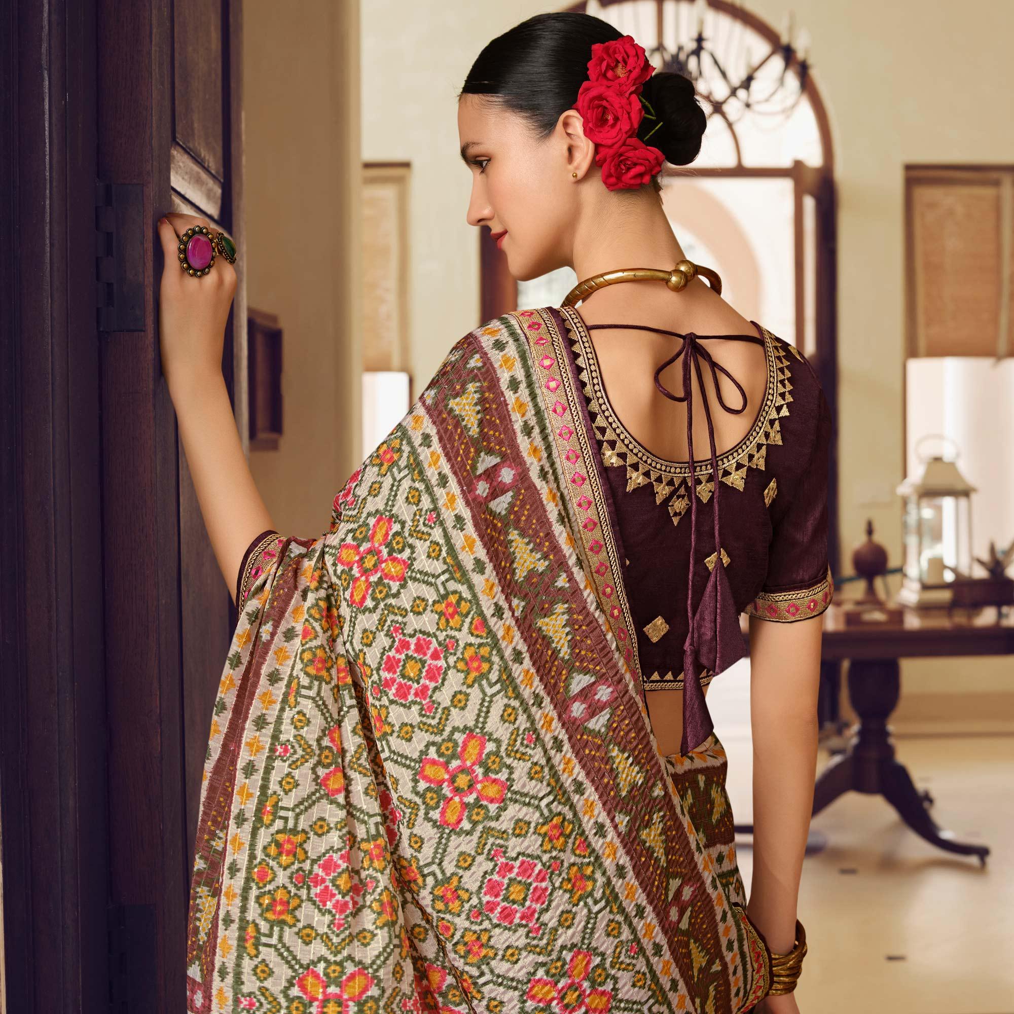 Off-White Printed With Embellished Chiffon Saree With Tassels - Peachmode