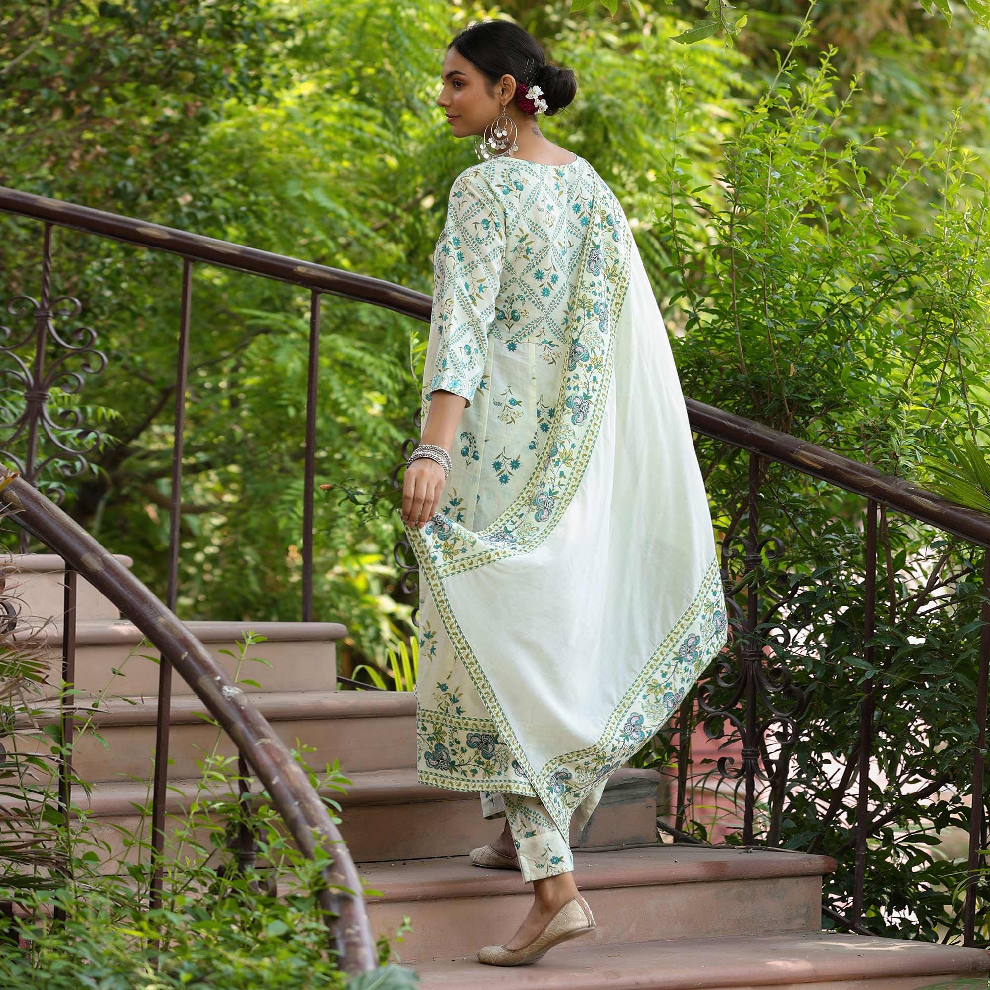 Off White Printed With Embroidered Pure Cotton Anarkali Suit - Peachmode