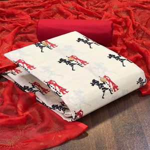 Off White - Red Casual Wear Printed Cotton Dress Material - Peachmode