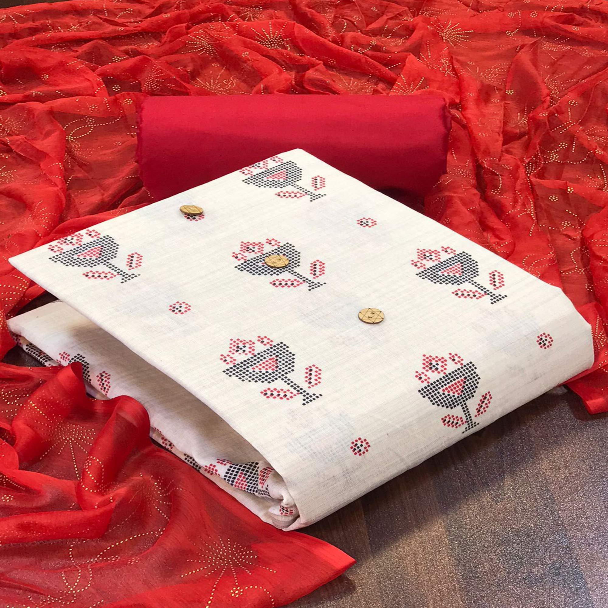 Off White - Red Casual Wear Printed Cotton Dress Material - Peachmode