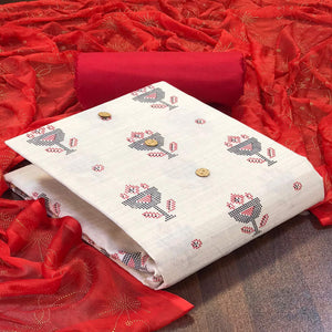Off White - Red Casual Wear Printed Cotton Dress Material - Peachmode