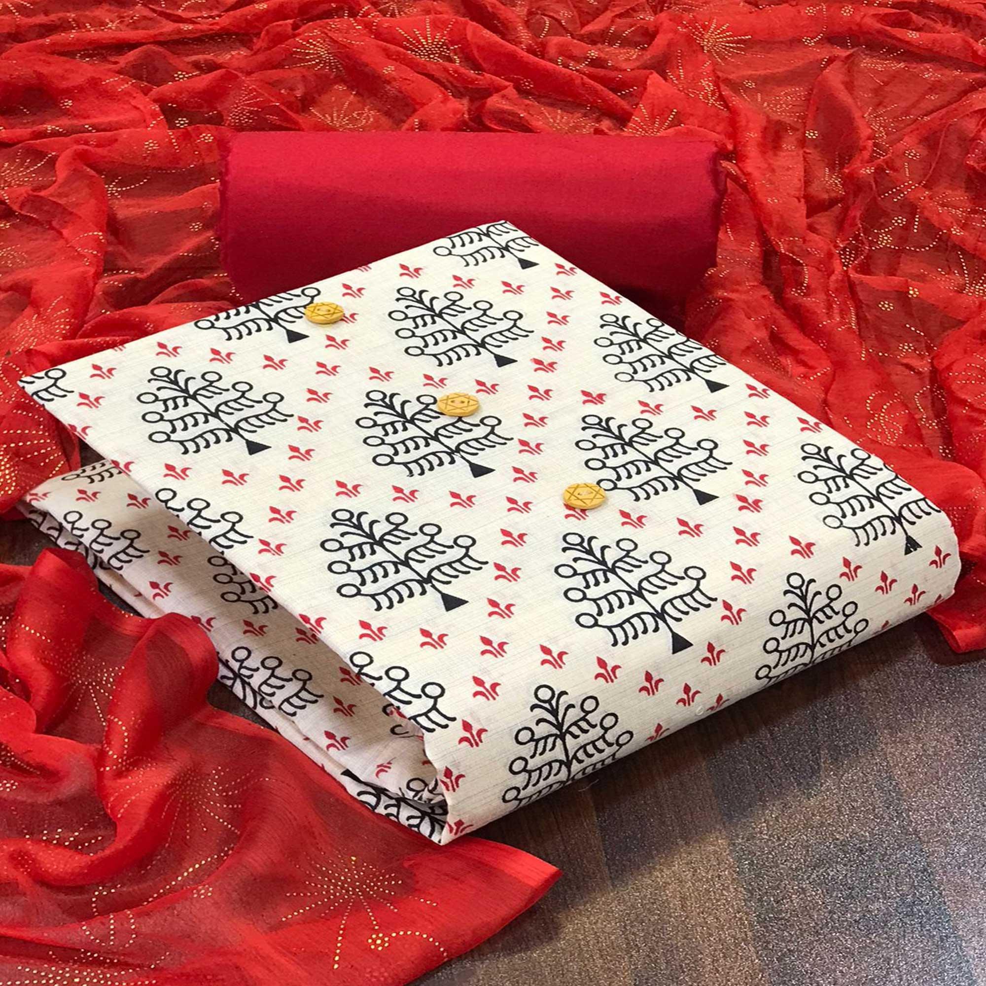 Off White - Red Casual Wear Printed Cotton Dress Material - Peachmode