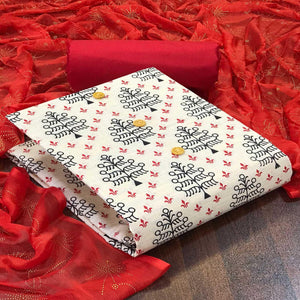 Off White - Red Casual Wear Printed Cotton Dress Material - Peachmode