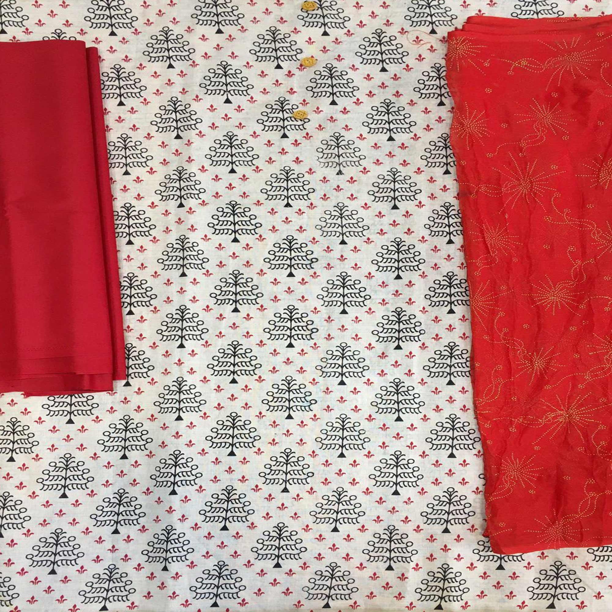 Off White - Red Casual Wear Printed Cotton Dress Material - Peachmode