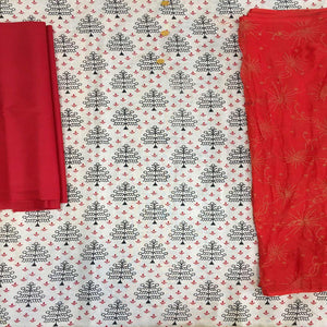 Off White - Red Casual Wear Printed Cotton Dress Material - Peachmode