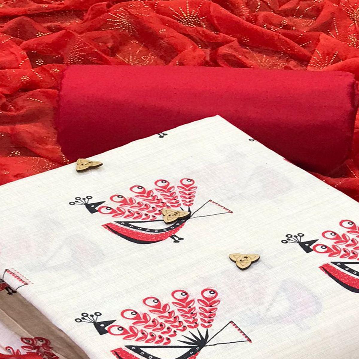 Off White - Red Casual Wear Printed Cotton Dress Material - Peachmode