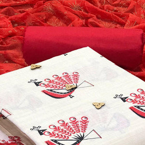 Off White - Red Casual Wear Printed Cotton Dress Material - Peachmode