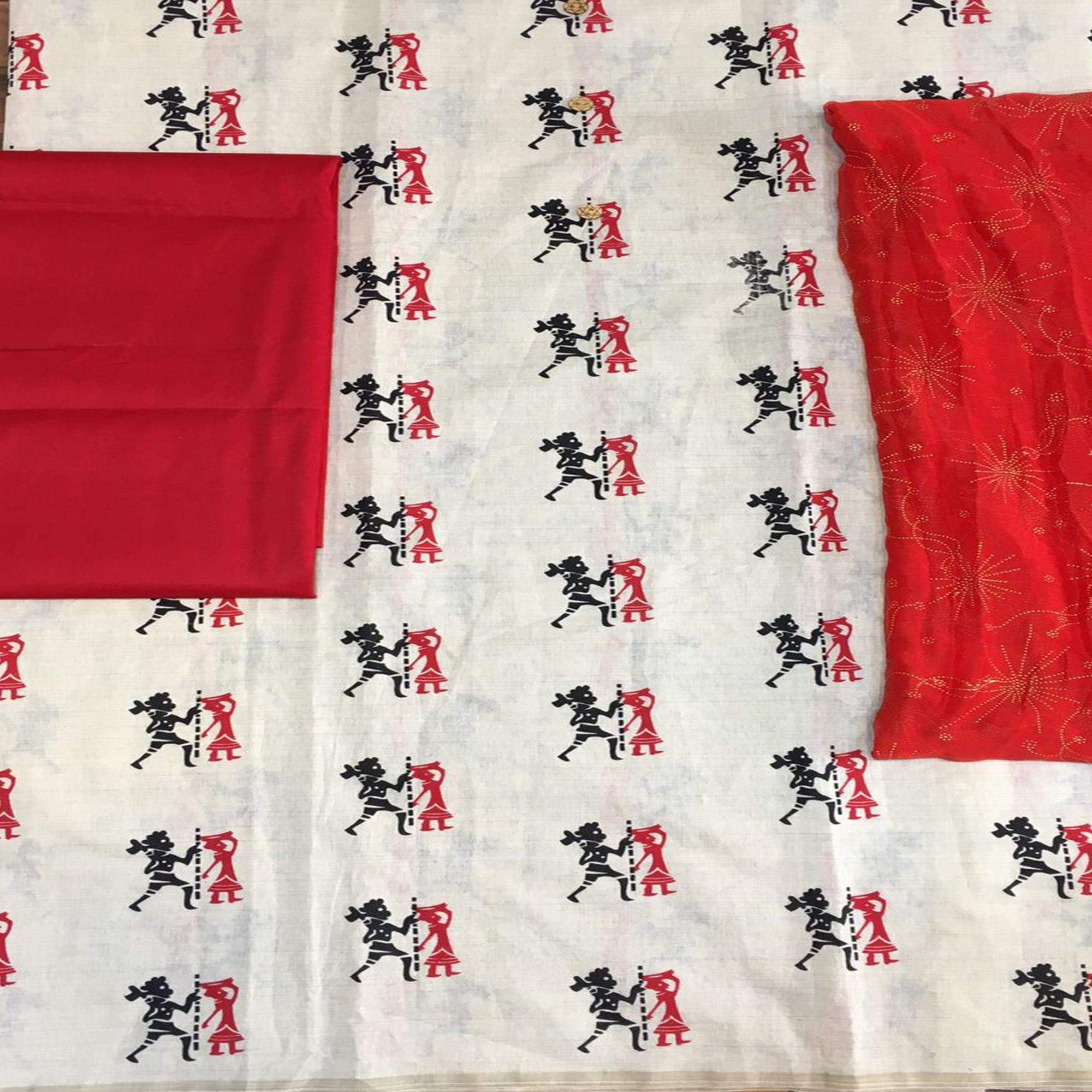 Off White - Red Casual Wear Printed Cotton Dress Material - Peachmode