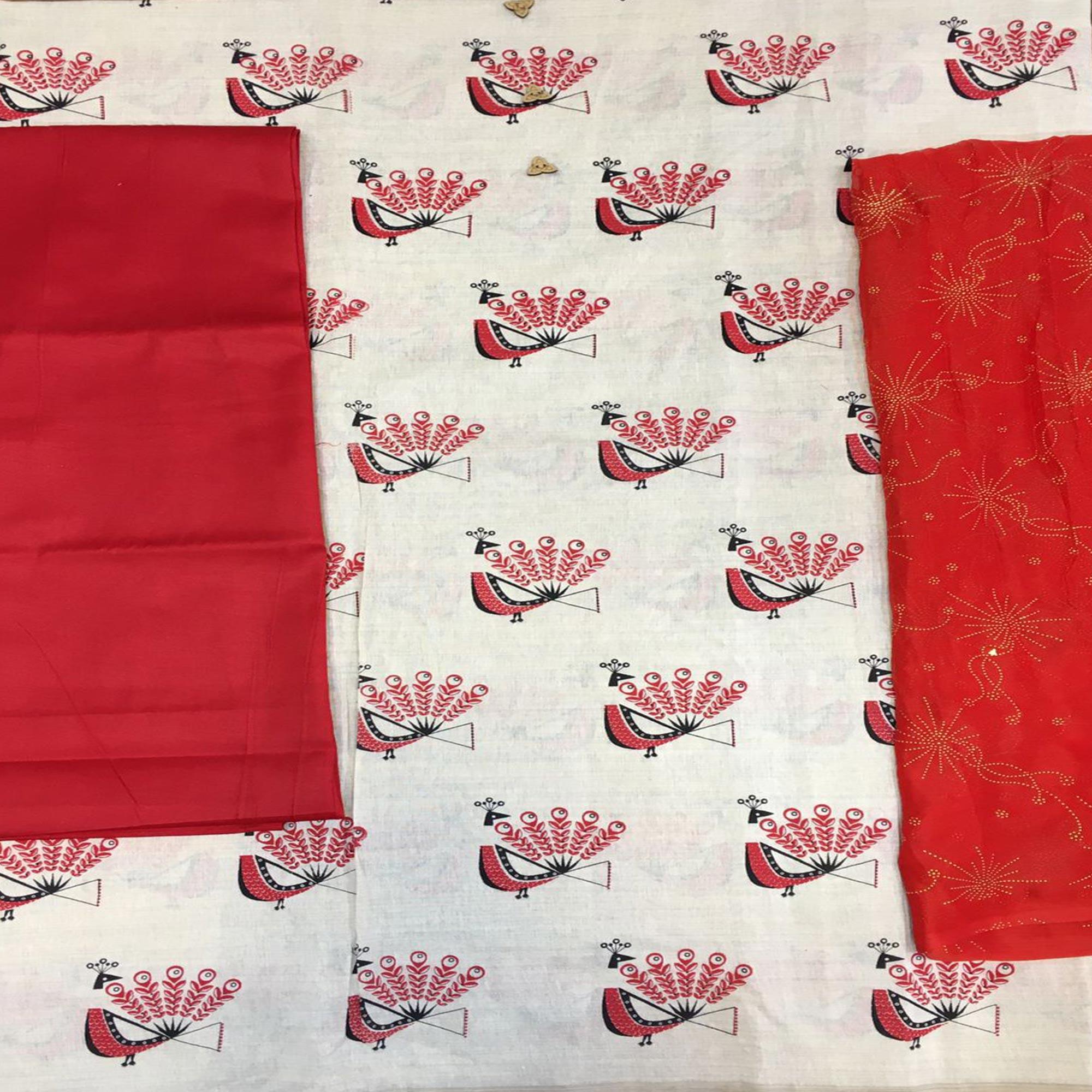 Off White - Red Casual Wear Printed Cotton Dress Material - Peachmode