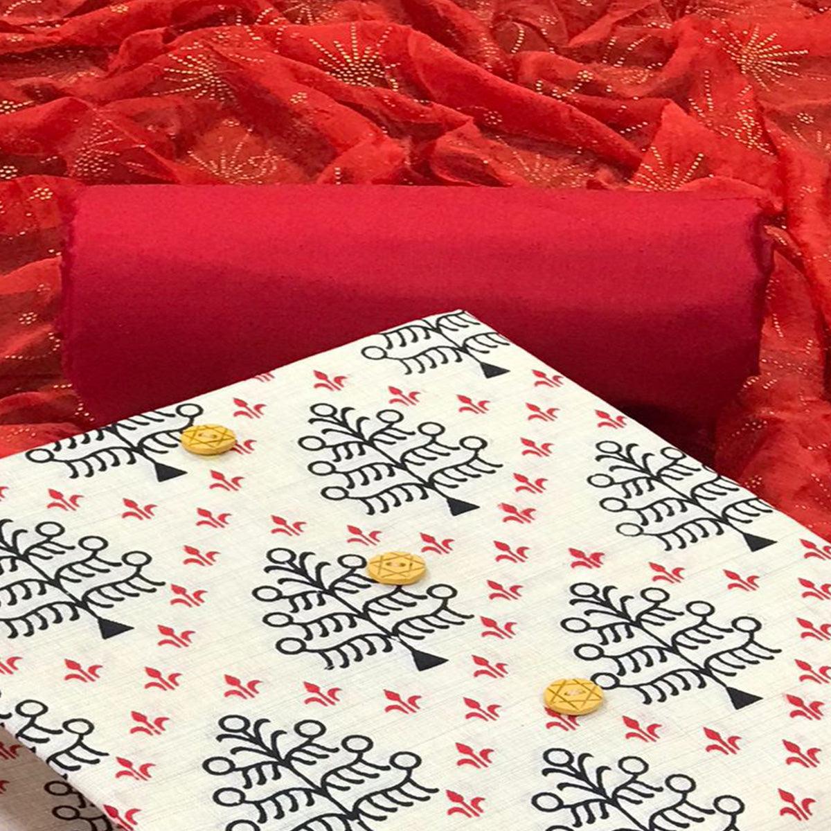 Off White - Red Casual Wear Printed Cotton Dress Material - Peachmode