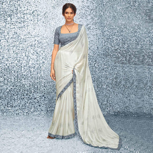 Off-White Sequence Embroidered Chiffon Saree - Peachmode