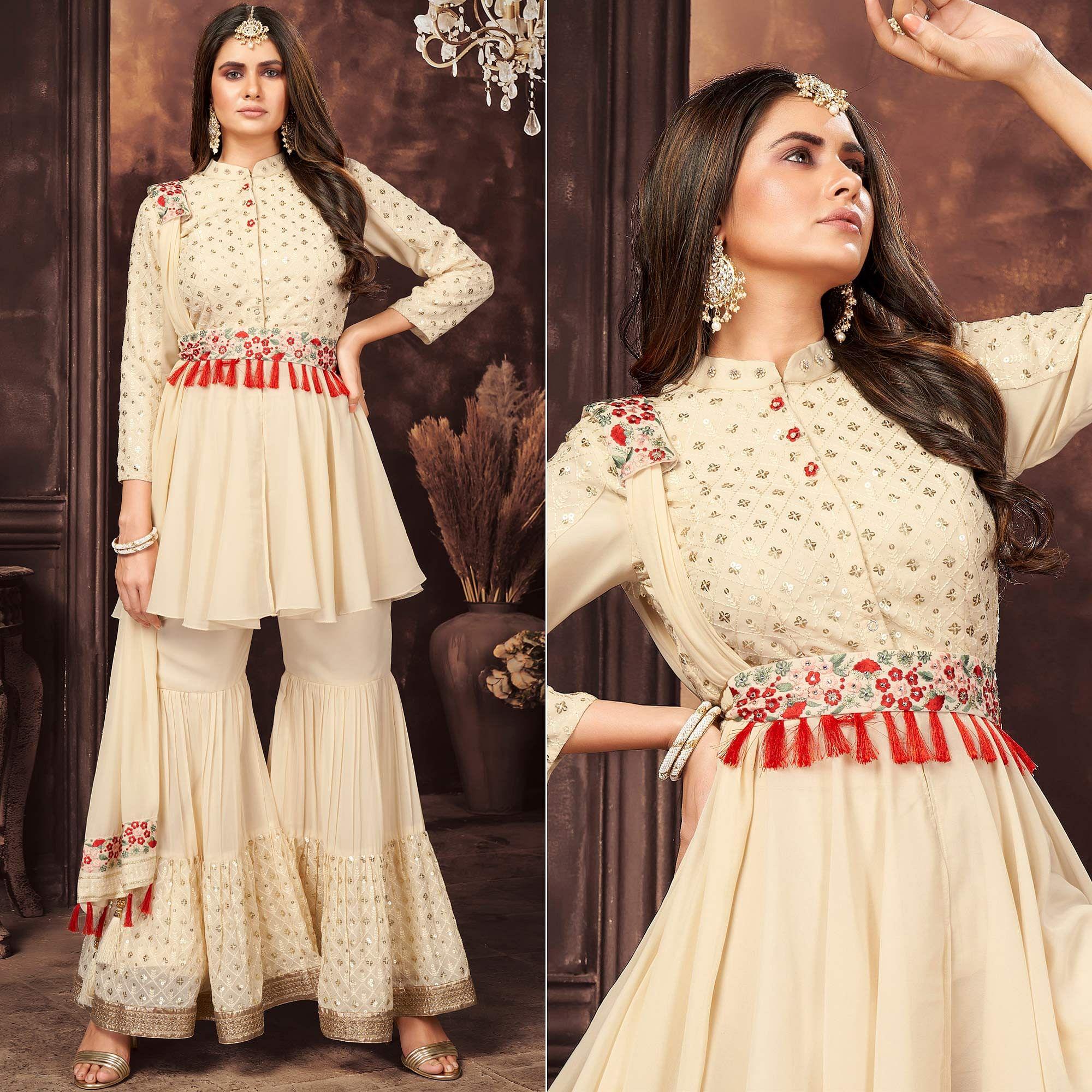 Off-White Sequence Embroidered Georgette Sharara Suit - Peachmode