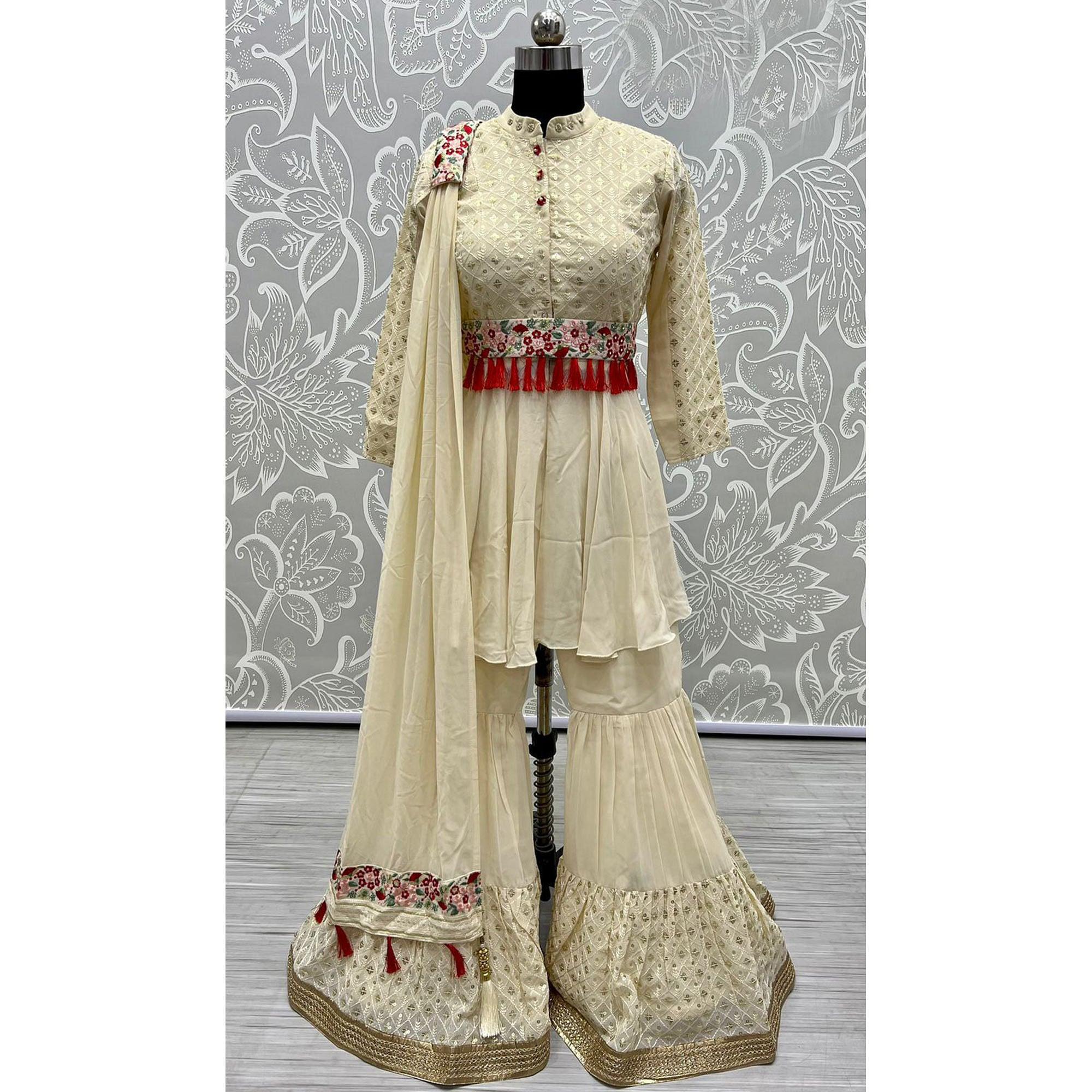 Off-White Sequence Embroidered Georgette Sharara Suit - Peachmode