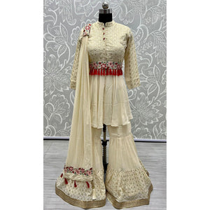Off-White Sequence Embroidered Georgette Sharara Suit - Peachmode