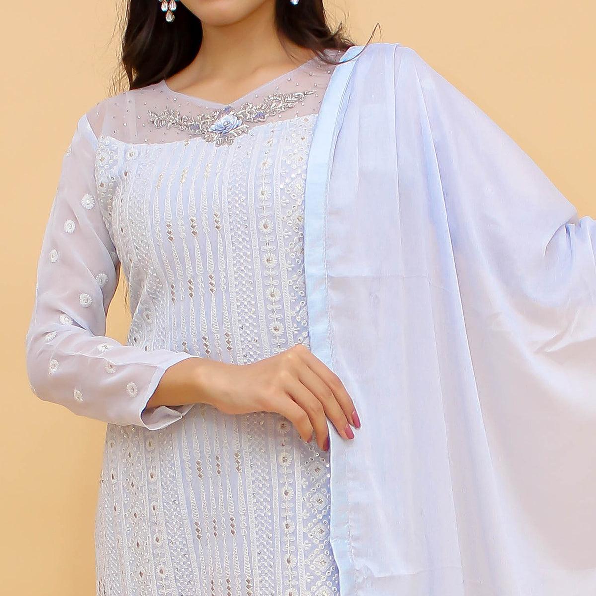 Off White Sequence Embroidered Georgette Sharara Suit - Peachmode