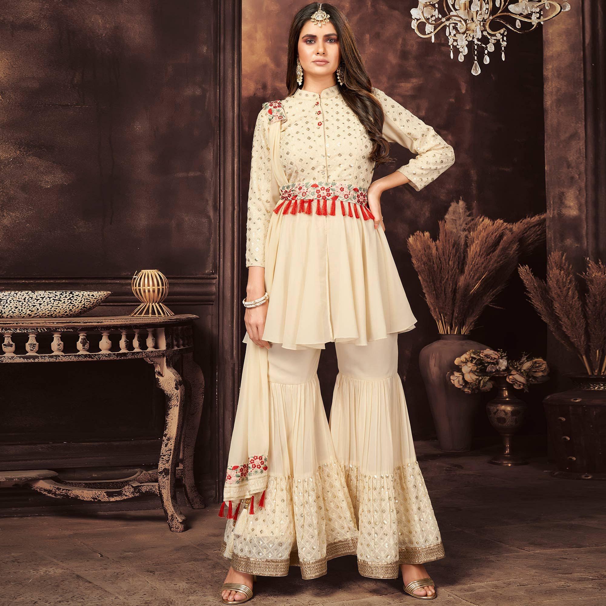Off-White Sequence Embroidered Georgette Sharara Suit - Peachmode