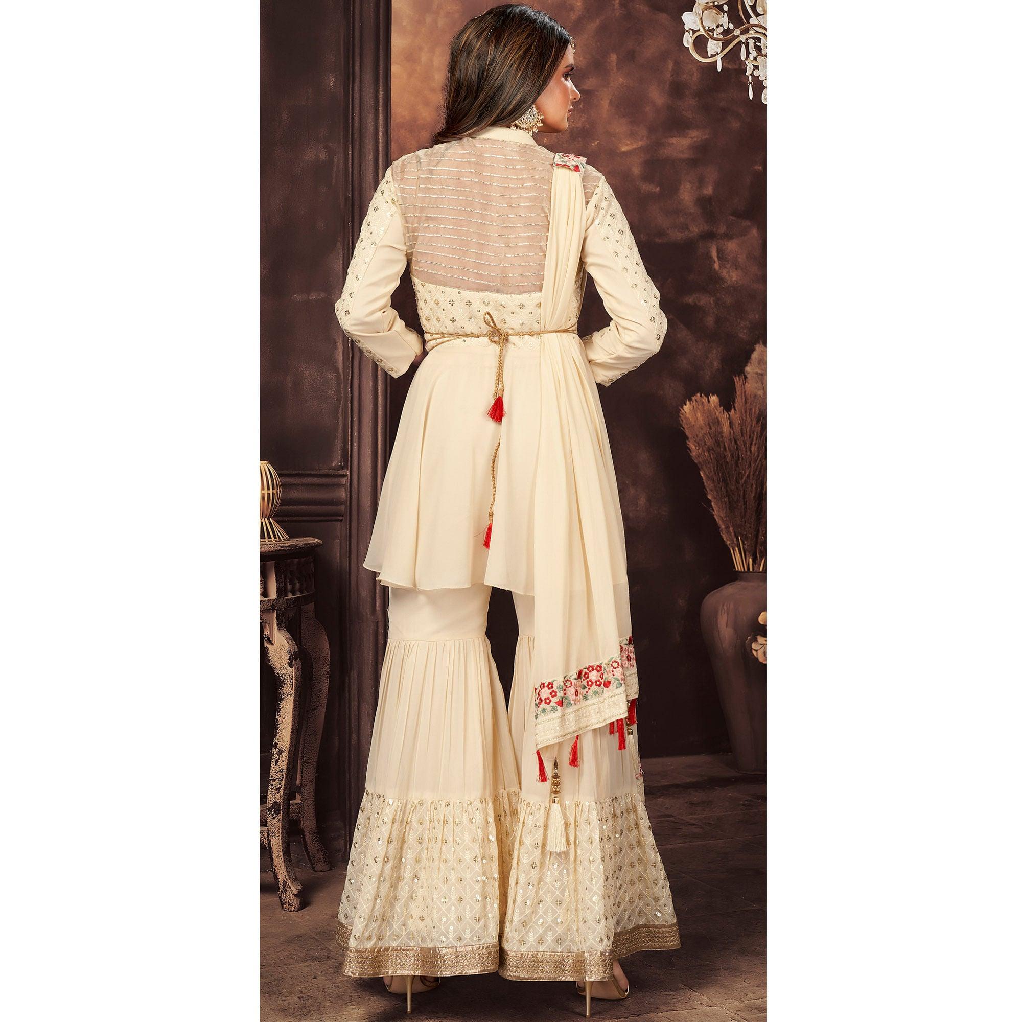 Off-White Sequence Embroidered Georgette Sharara Suit - Peachmode