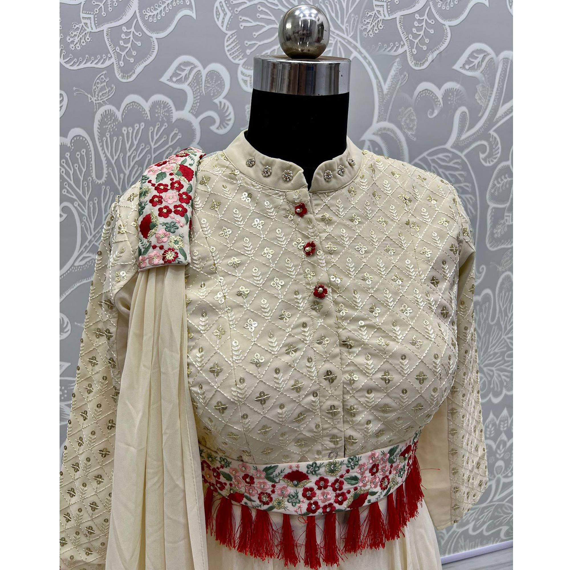 Off-White Sequence Embroidered Georgette Sharara Suit - Peachmode