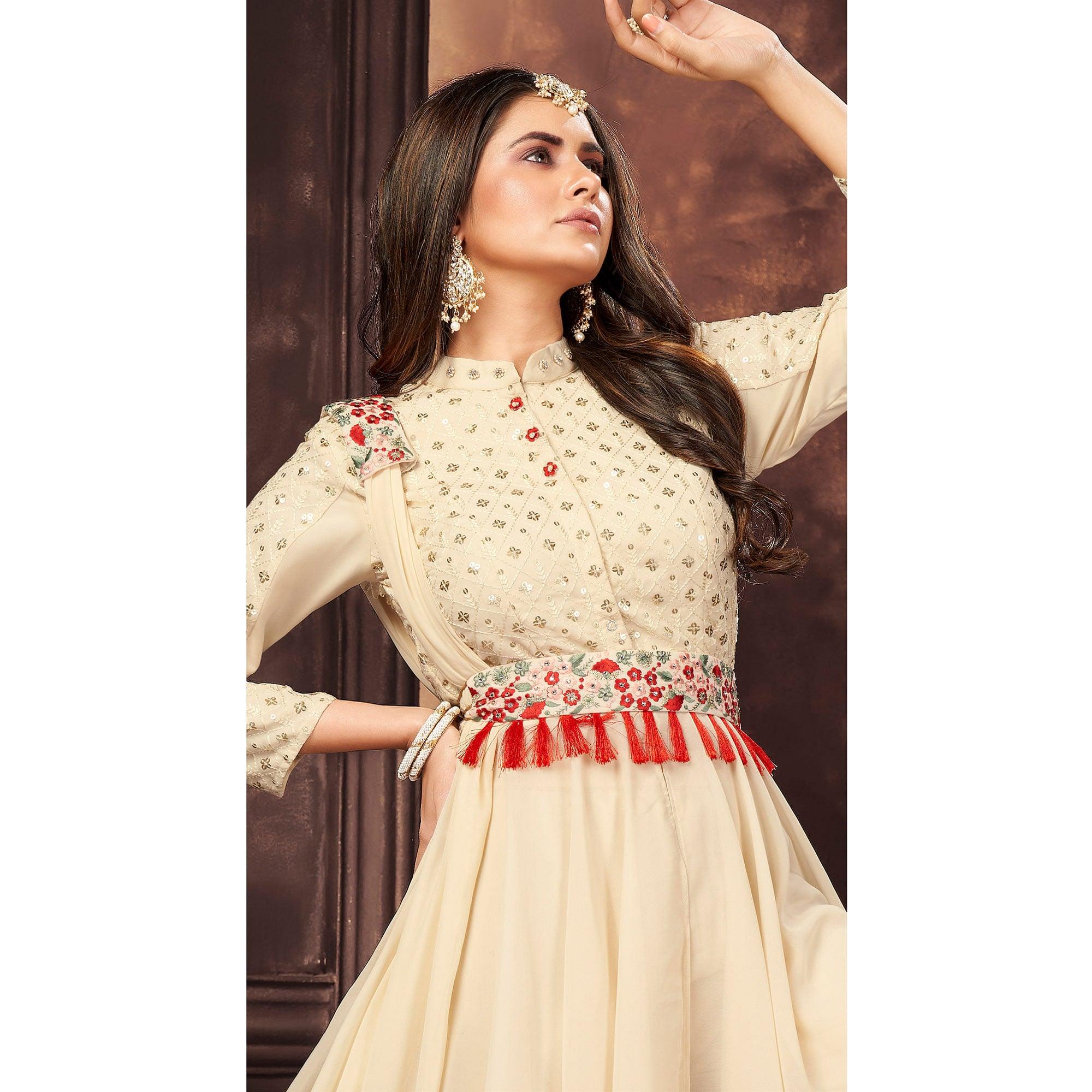 Off-White Sequence Embroidered Georgette Sharara Suit - Peachmode