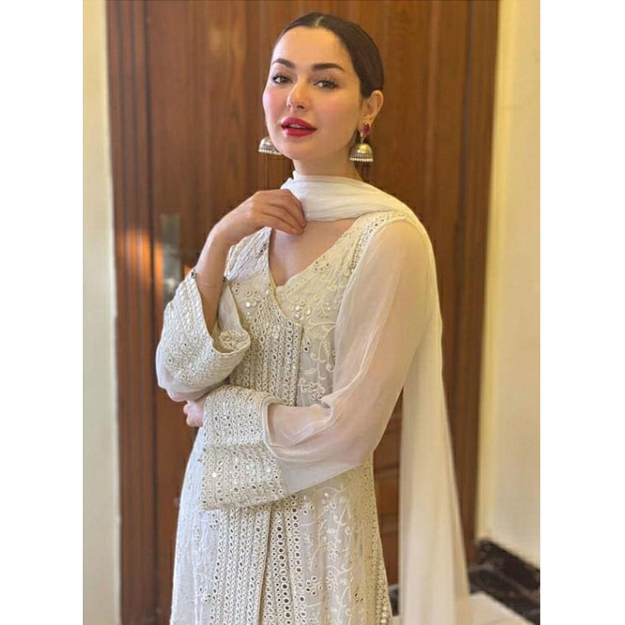 Off White Sequence Embroidered Georgette Suit - Peachmode