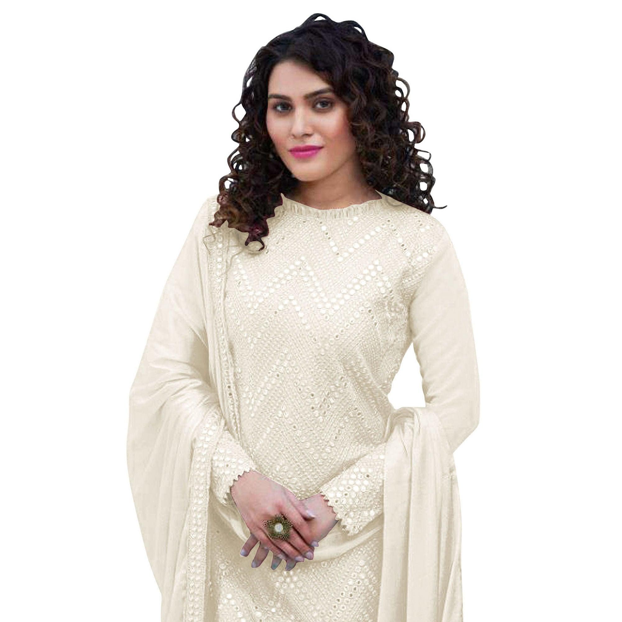 Off White Sequence Embroidered Georgette Suit - Peachmode