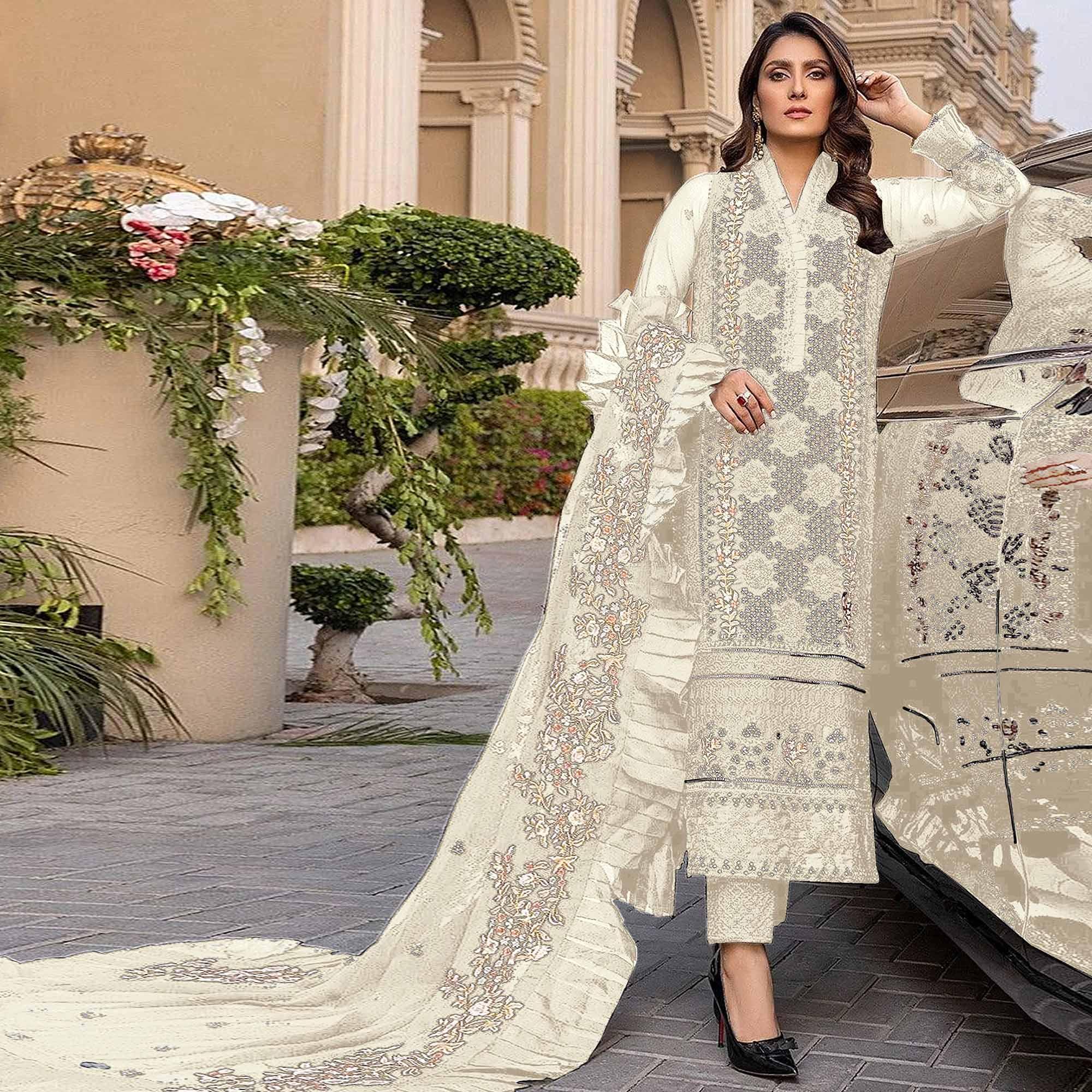 Off White Sequence With Floral Embroidered Georgette Pakistani Suit - Peachmode