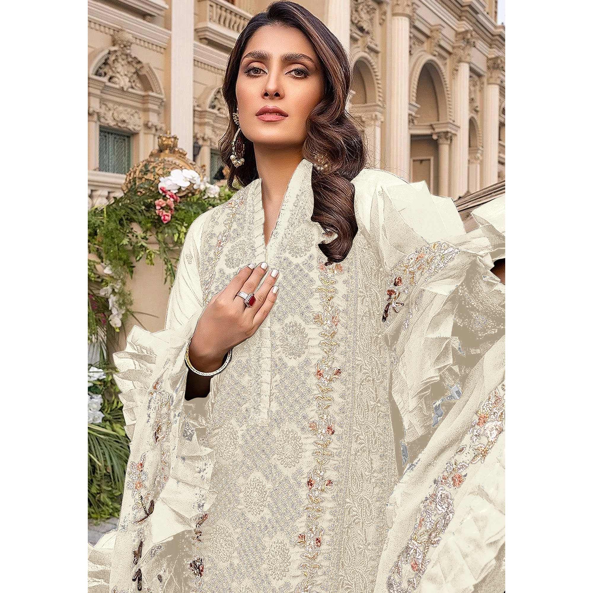 Off White Sequence With Floral Embroidered Georgette Pakistani Suit - Peachmode