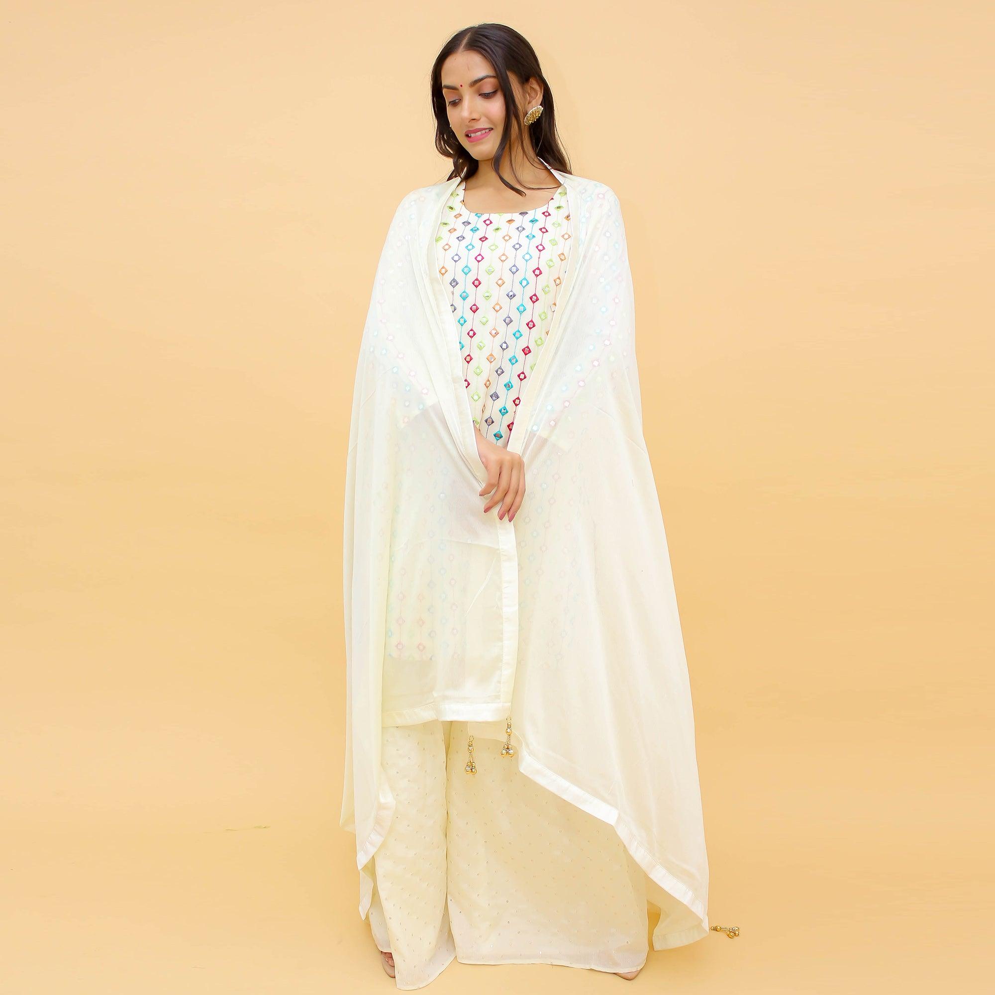 Off-White Thread Embroidered Georgette Sharara Suit - Peachmode