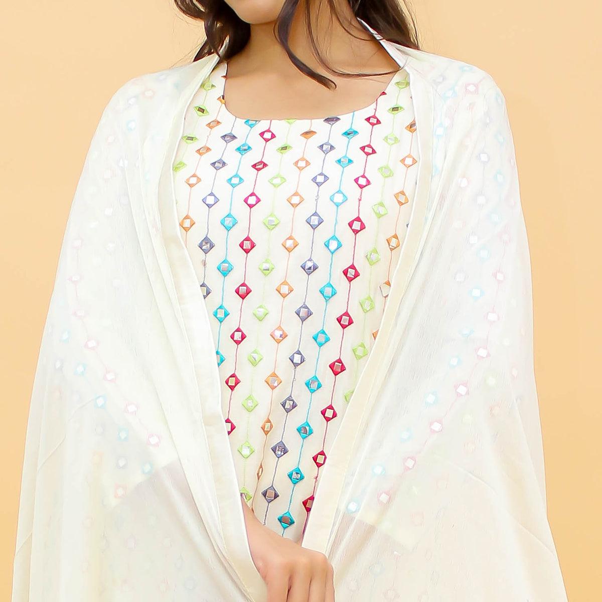 Off-White Thread Embroidered Georgette Sharara Suit - Peachmode