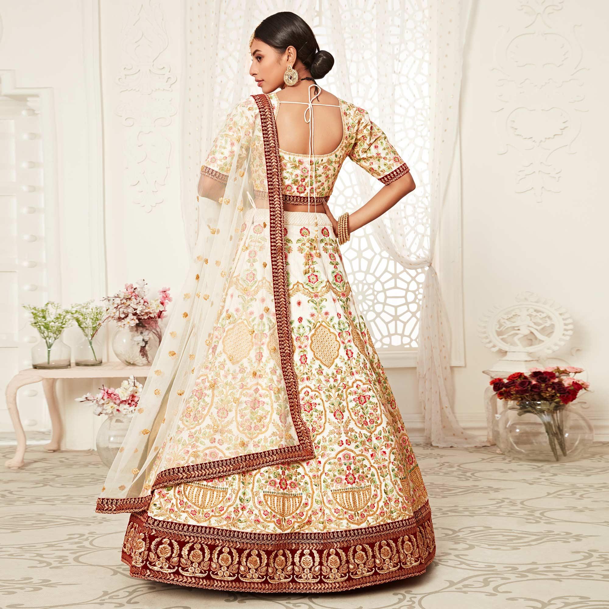 Off White Wedding Wear Floral Sequins Embroidered With Diamond Art Silk Lehenga Choli - Peachmode
