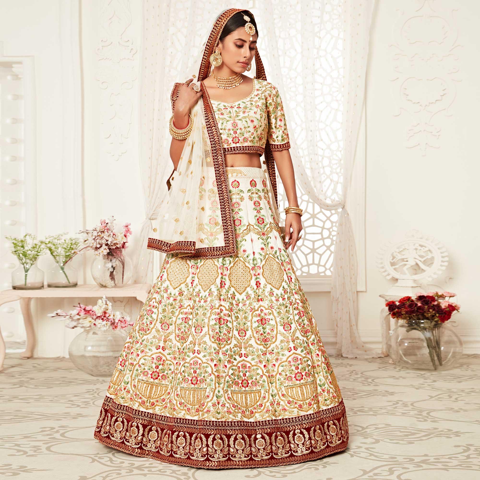 Off White Wedding Wear Floral Sequins Embroidered With Diamond Art Silk Lehenga Choli - Peachmode