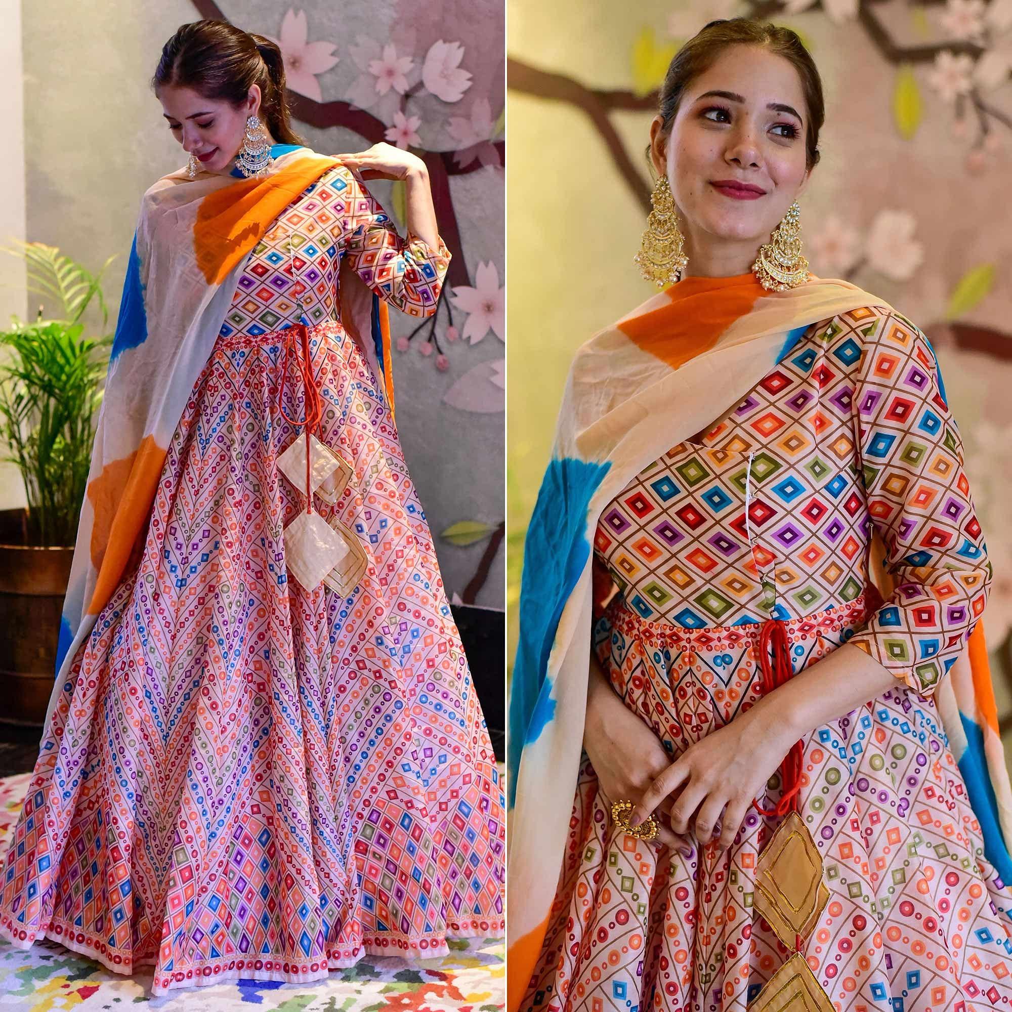 Off-White With Multi Digital Printed Silk Partywear Gown - Peachmode