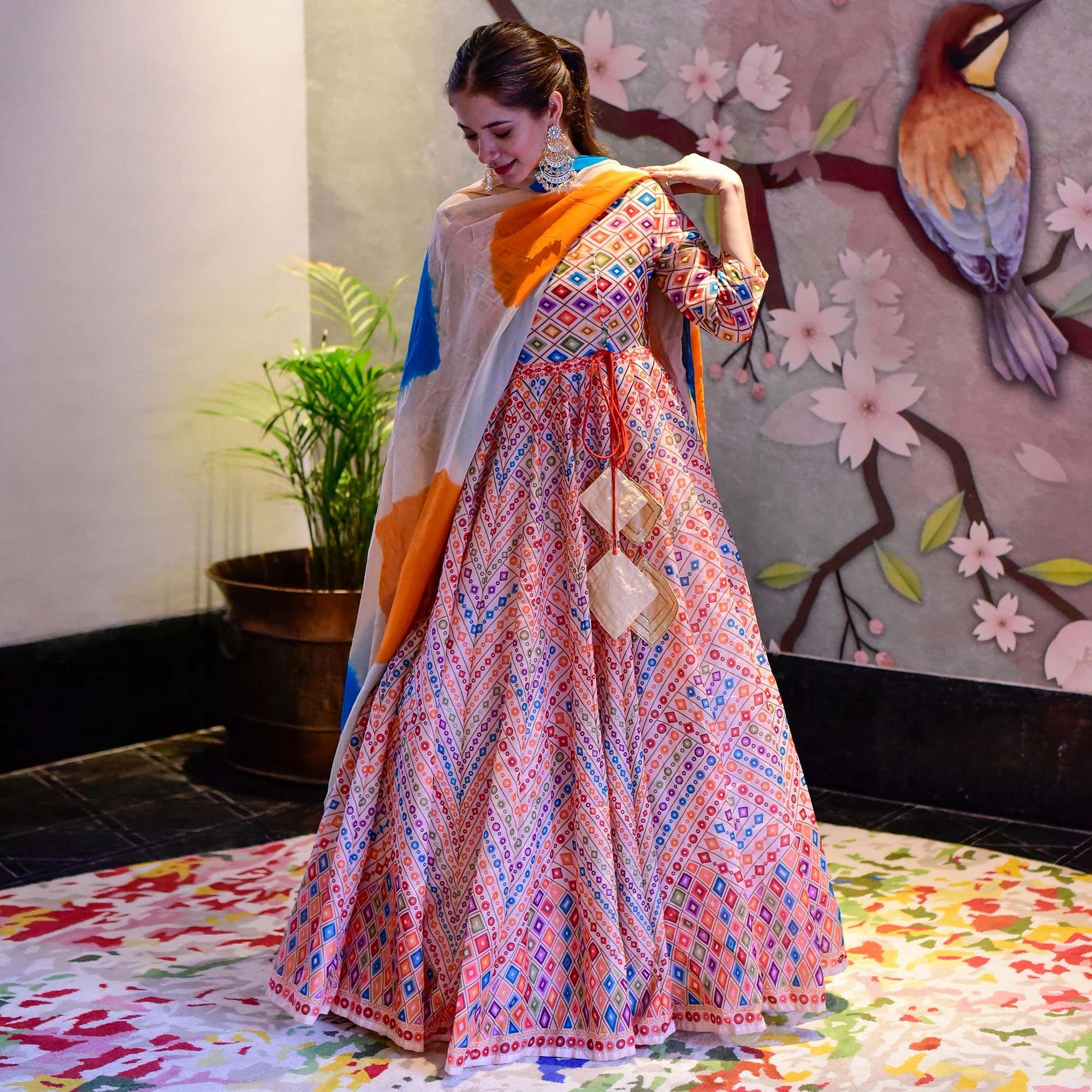 Off-White With Multi Digital Printed Silk Partywear Gown - Peachmode