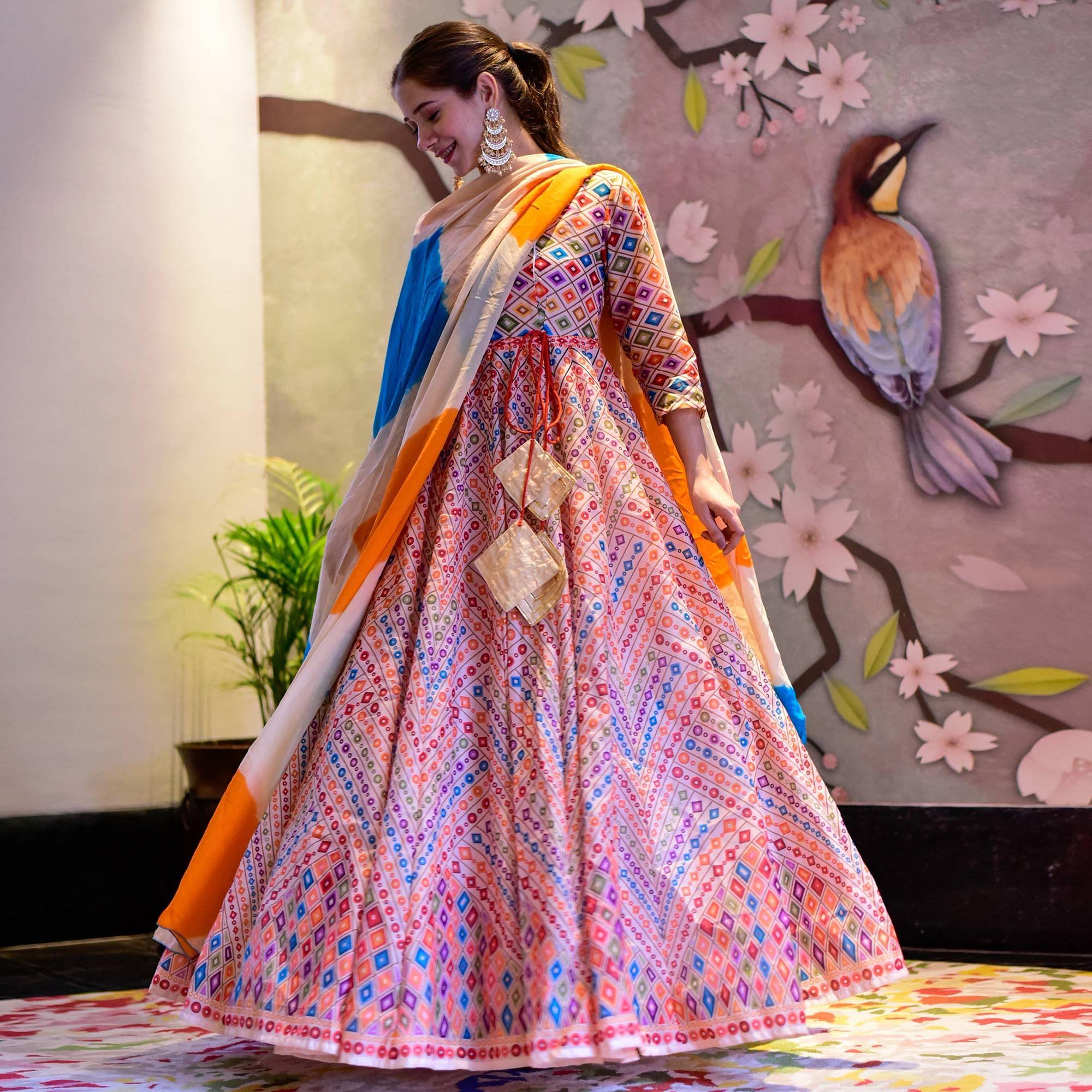 Off-White With Multi Digital Printed Silk Partywear Gown - Peachmode