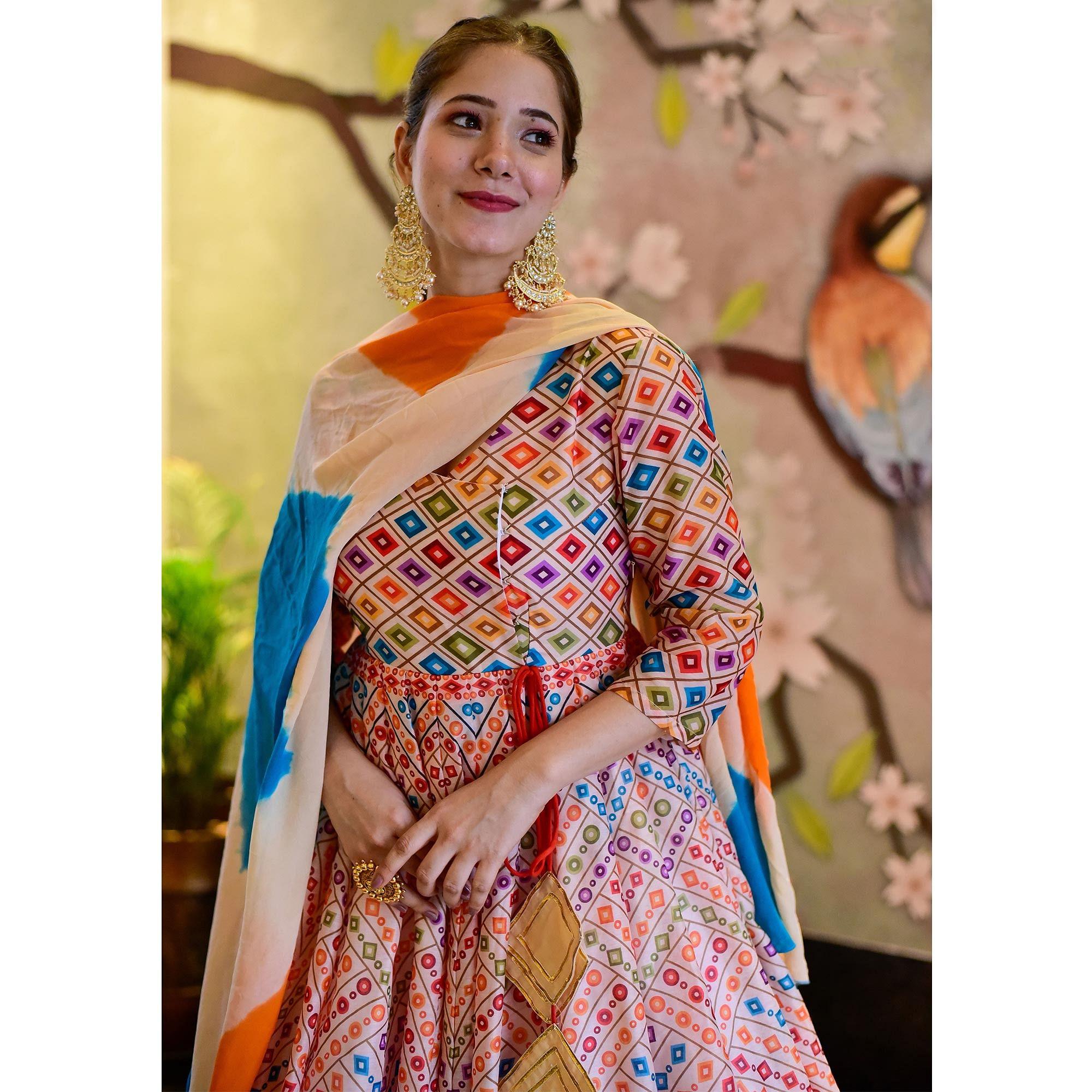 Off-White With Multi Digital Printed Silk Partywear Gown - Peachmode