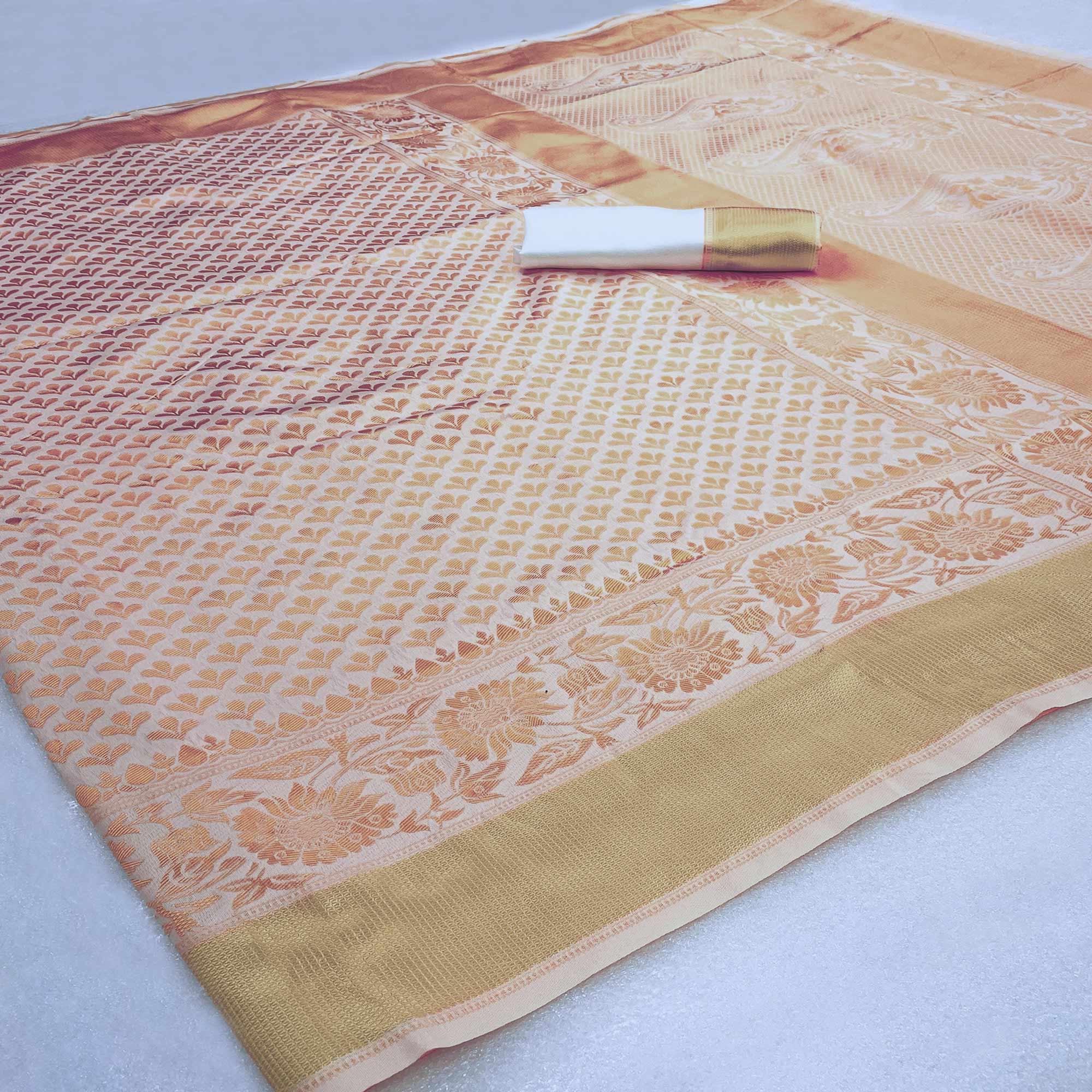 Off White Woven Banarasi Silk Saree - Peachmode