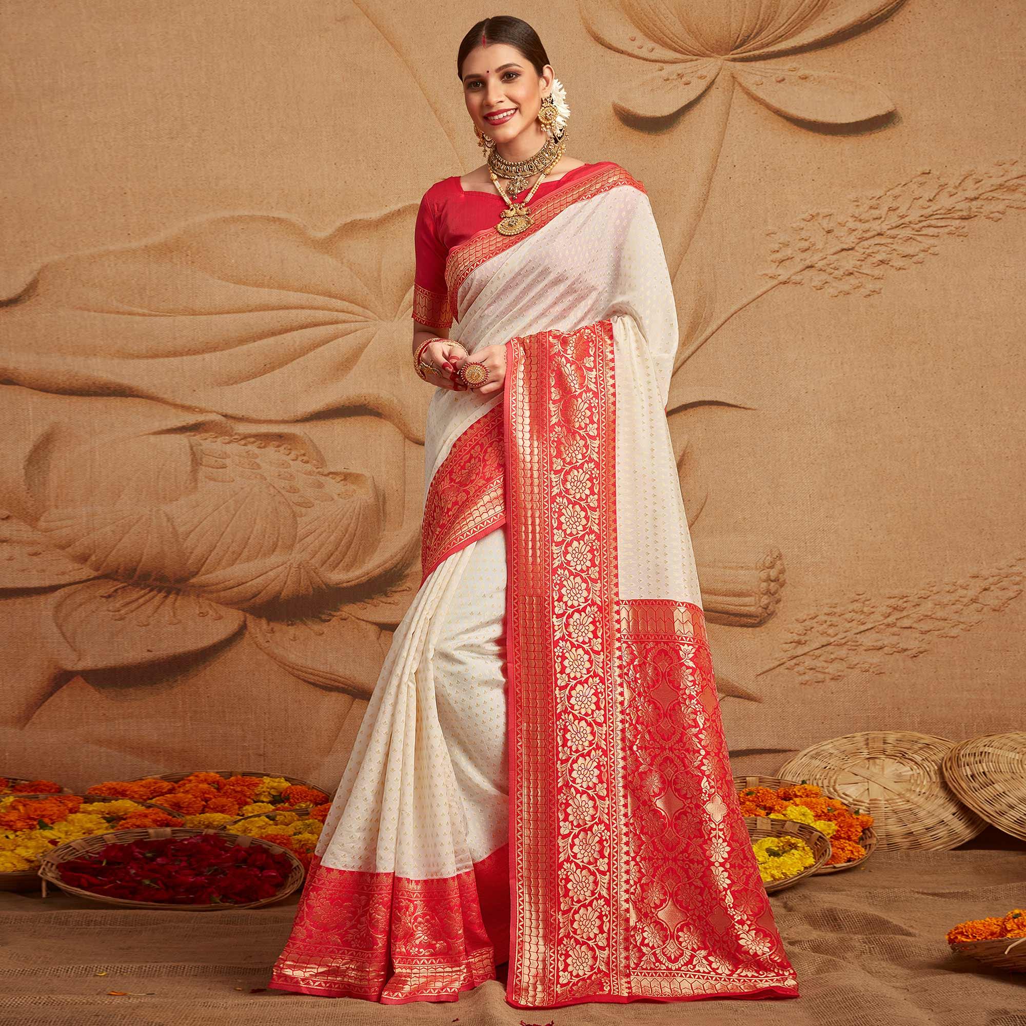 Off-White Woven Cotton Silk Saree - Peachmode