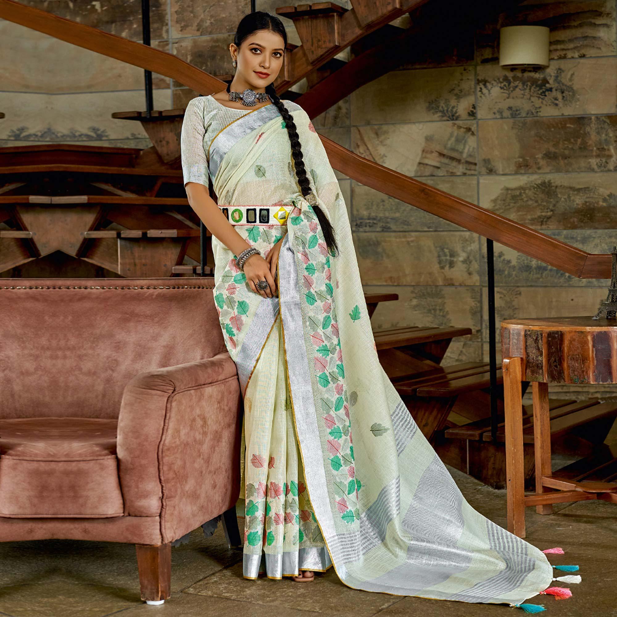 Off-White Woven Linen Saree With Tassels - Peachmode