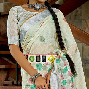 Off-White Woven Linen Saree With Tassels - Peachmode