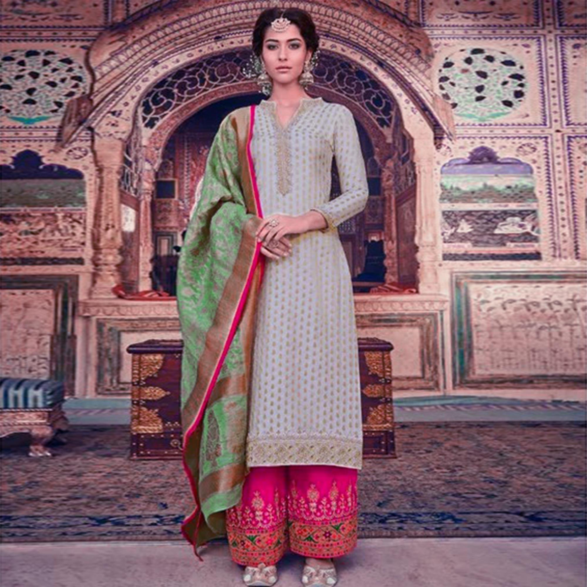 Off White Woven With Floral Embroidered Jacquard Dress Material - Peachmode
