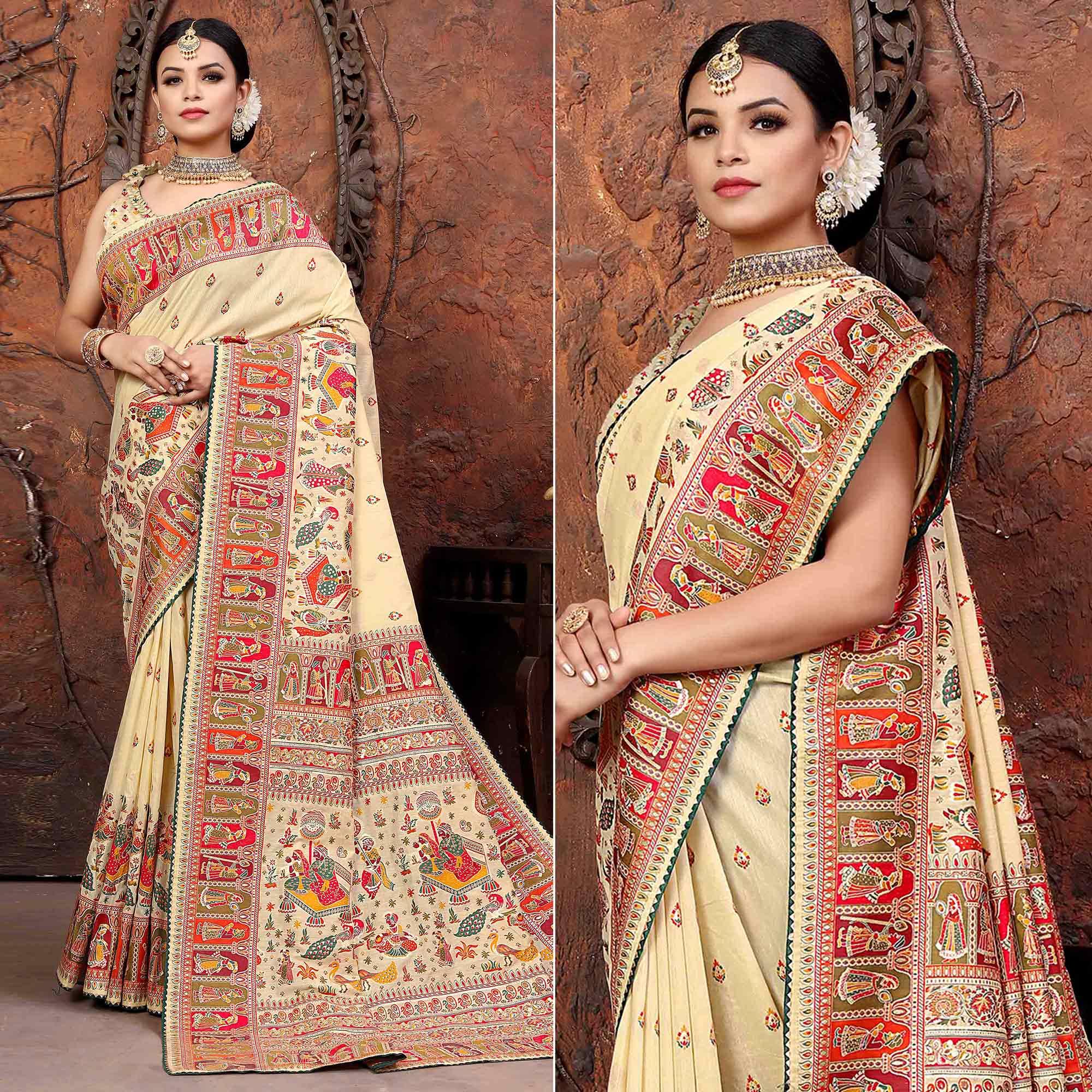Off White Woven With Gota Patti Border Chanderi Saree - Peachmode