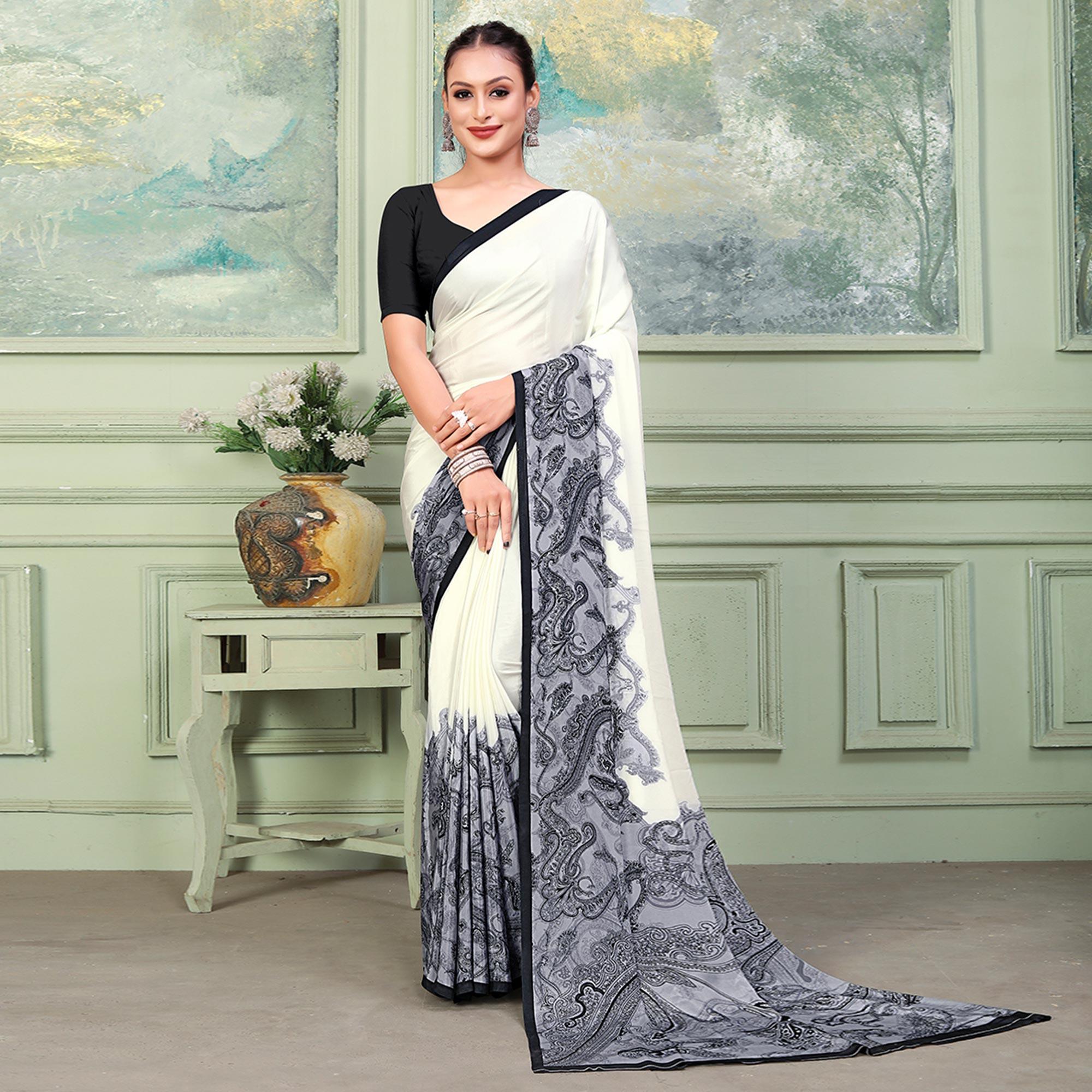 Offwhite & Grey Printed Raw Silk Saree - Peachmode