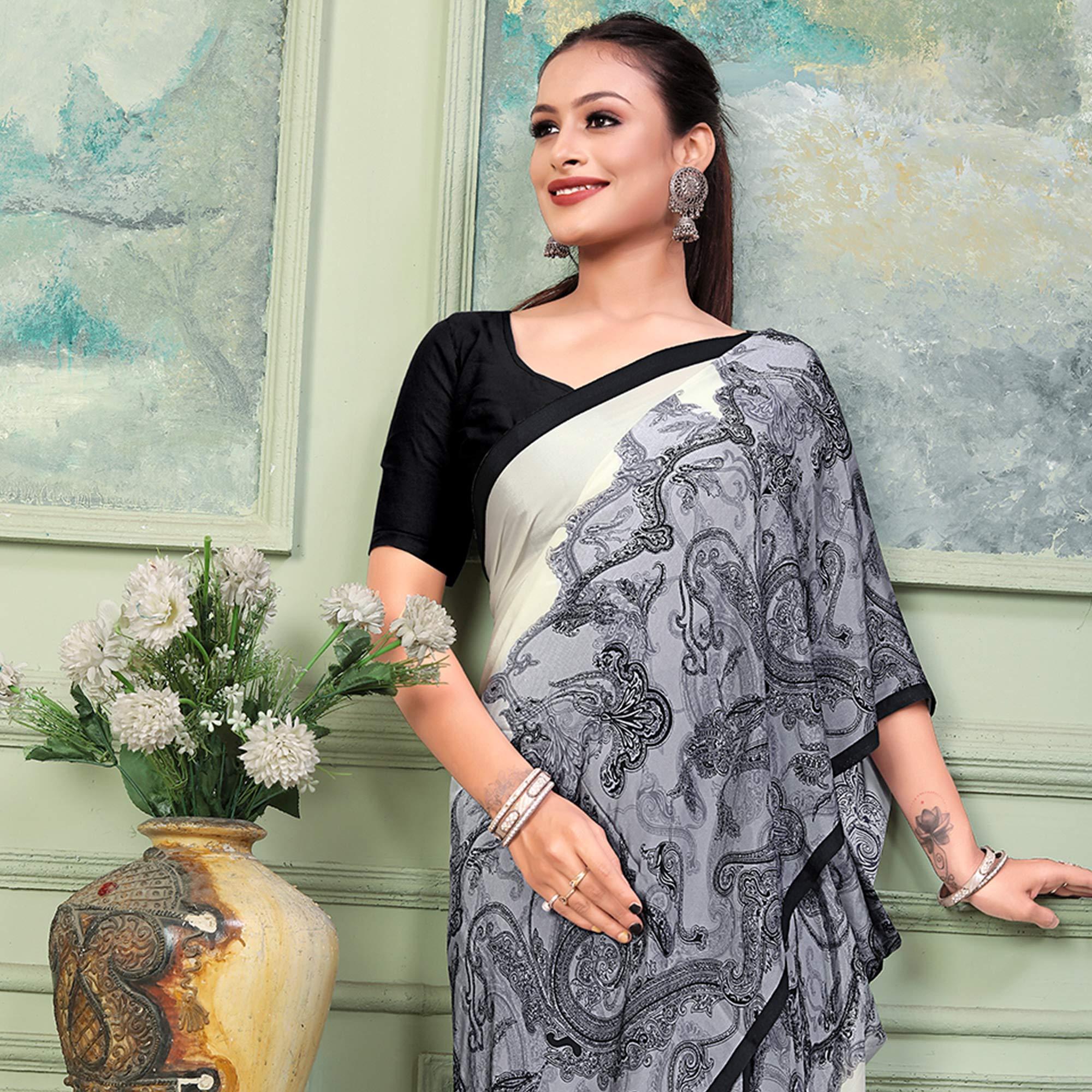 Offwhite & Grey Printed Raw Silk Saree - Peachmode